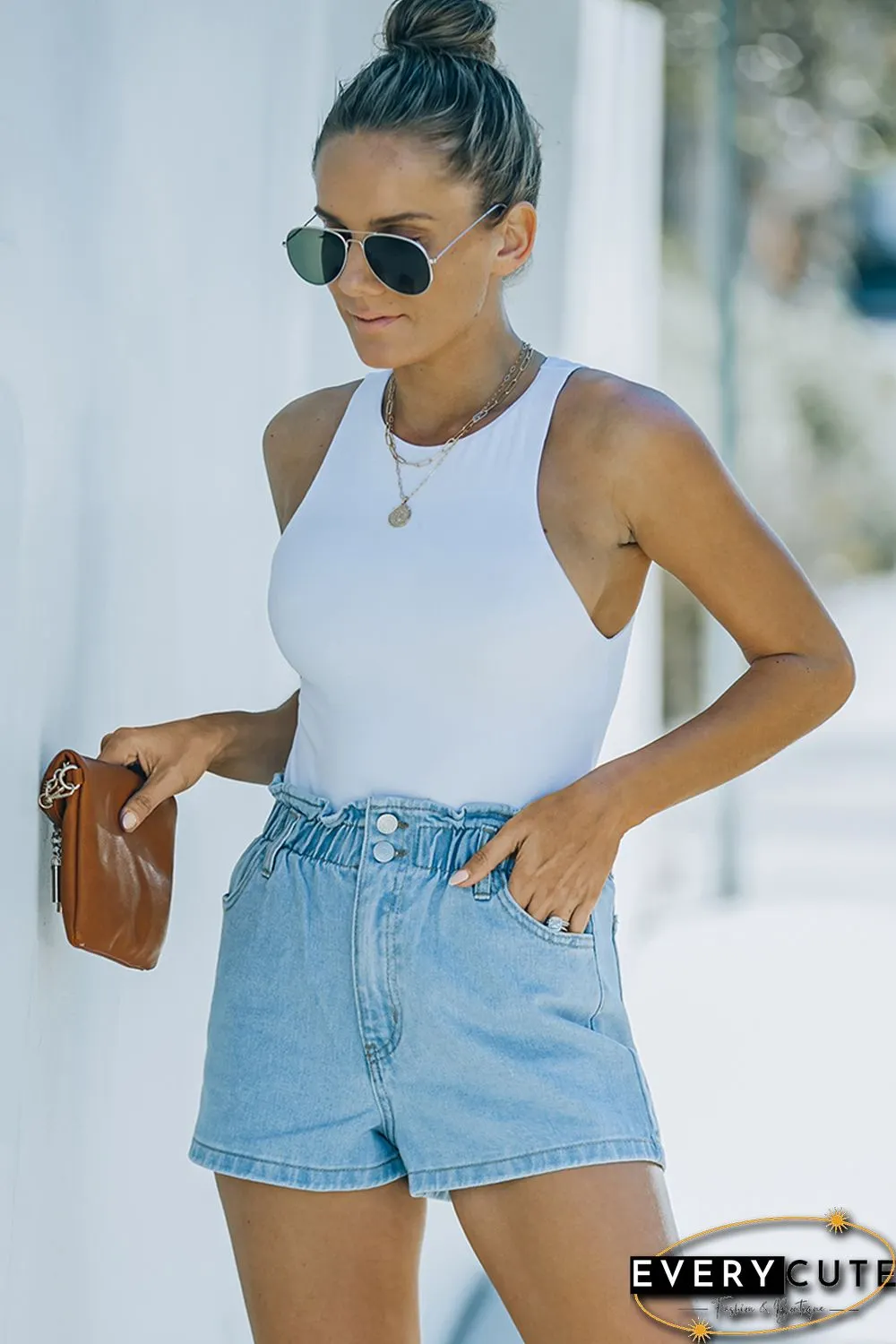 Sky Blue Paperbag Waist Washed Denim Shorts