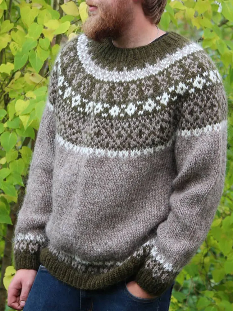 Vintage Knitted Warm Jacquard Iceland Crew Neck Sweater
