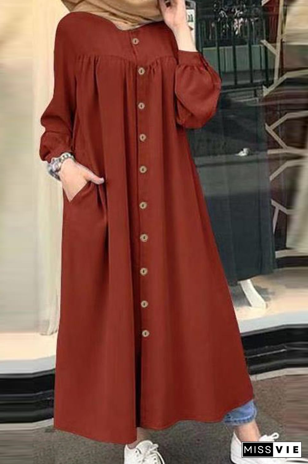 Casual Solid Buckle Mandarin Collar Shirt Dress Dresses(5 colors)
