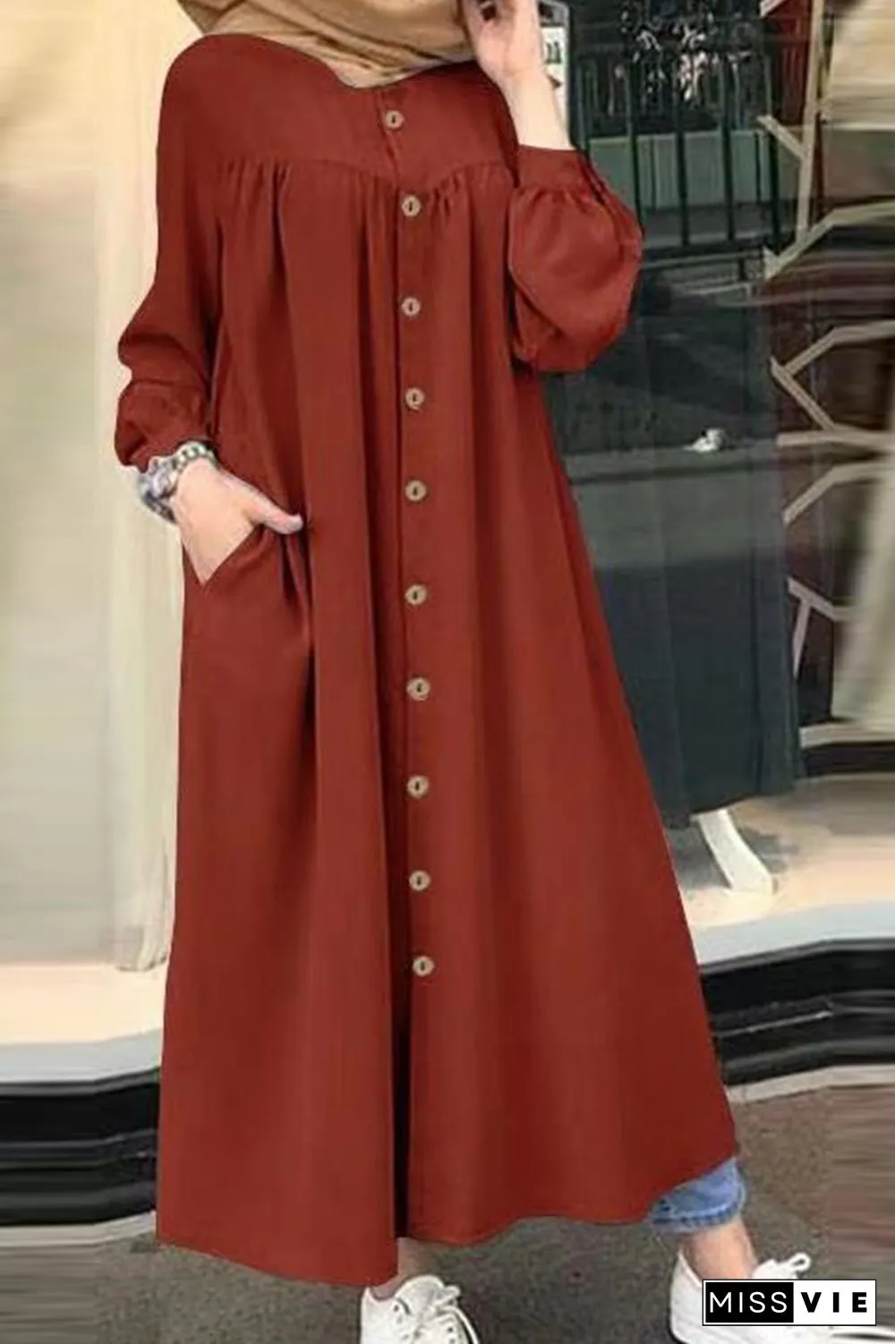 Casual Solid Buckle Mandarin Collar Shirt Dress Dresses(5 colors)