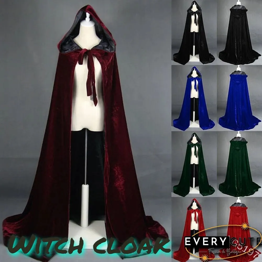 Adult Hooded Cloak Long Velvet Cape Robe Green Black Red Halloween Carnival Purim Coats Medieval Witch Wicca Vampire Costume