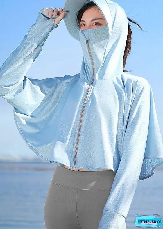 Unique Grey Hooded Zippered Patchwork Ice Silk UPF 50+ Coat Summer