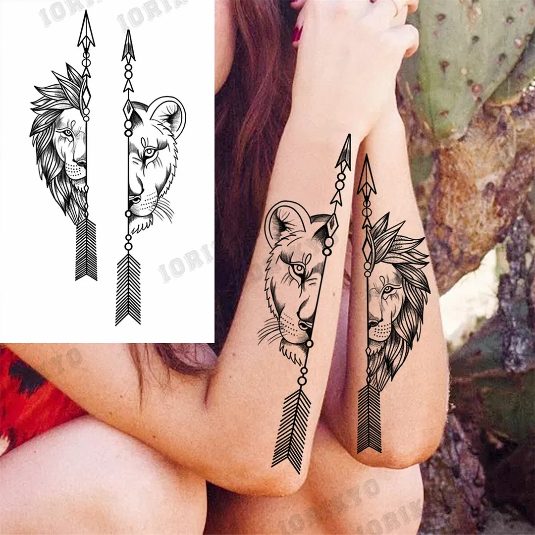 Black Lion Wolf Temporary Tattoos For Men Adult Forest Rose Compass Warrior Fake Tattoo Washable Body Art Painting Tatoo Sticker