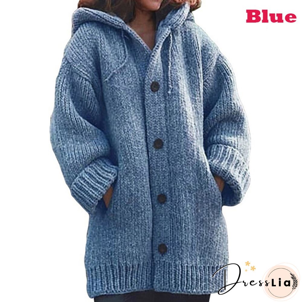 Women Fashion Mid-length Button Up Knitted Cardigan Jackets Ladies Casual Autumn and Winter Hooded Sweater Coats Strickjacke Damen