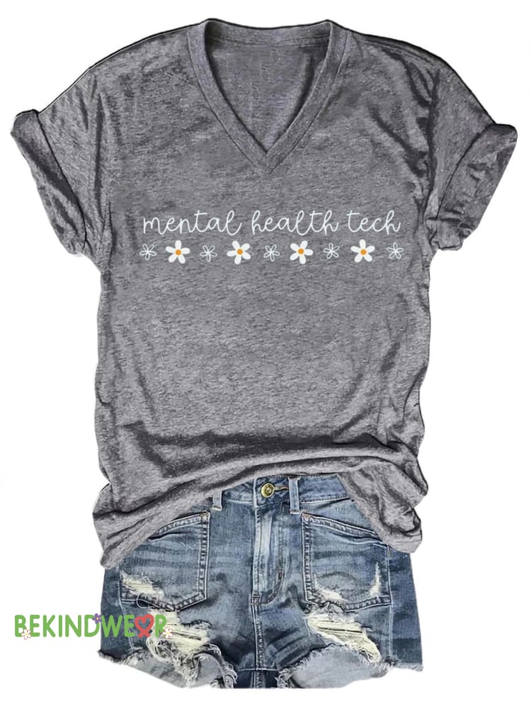 Mental Health Tech Printed Casual V-Neck Short Sleeve T-Shirt Grey / S