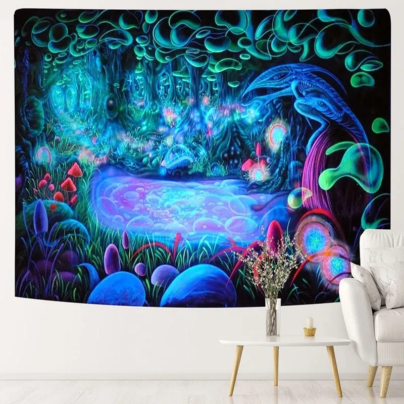 Fluorescent Tapestry Luminous Hanging Cloth Aesthetic Room Decor Home Psychedelic Background Wall Glows Under Ultraviolet Light