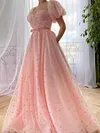 Light Pale Baby Pink Ball Gown Whimsical Lolita Prom Dress Short Puff Sleeve Sweetheart Bodice Love Heart Print Cottagecore Fairy Kawaii