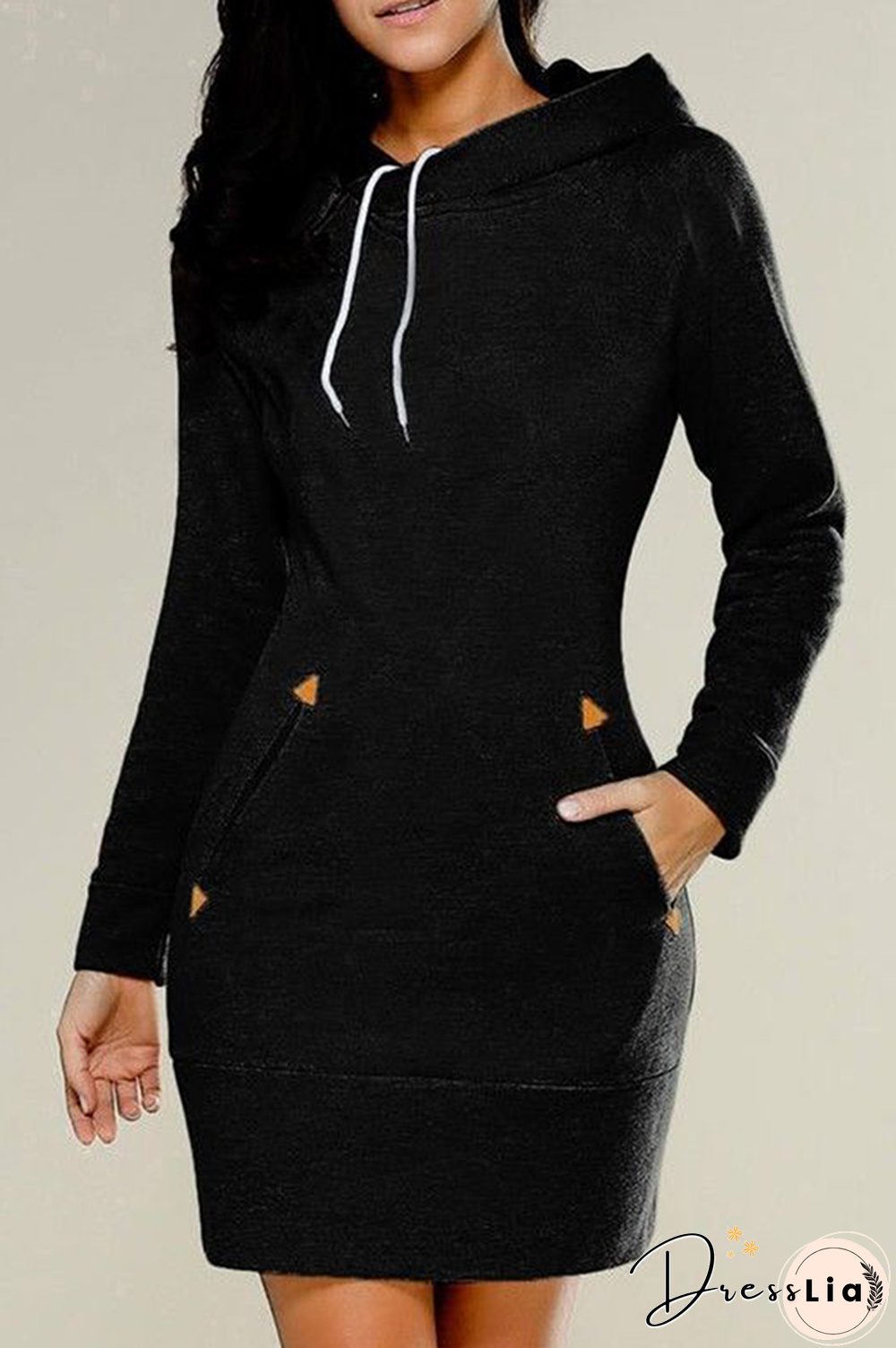 Casual Solid Split Joint Draw String Hooded Collar Dresses