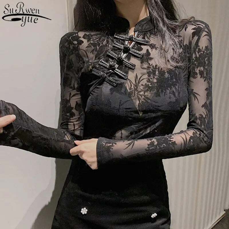 Long Sleeve Slim Chinese Y2K Turtleneck Black Sexy Blouses Top for Women 2022 New Vintage See Through Lace Women's Shirt 11350