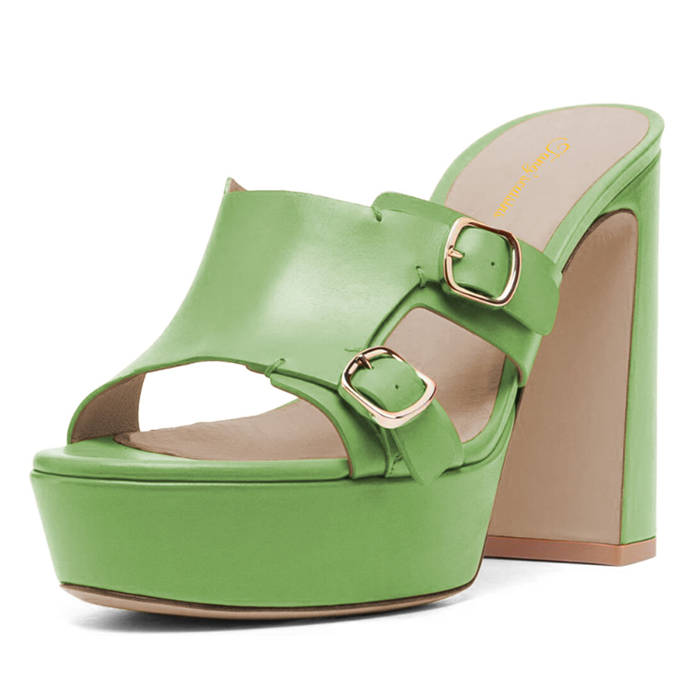 Green Open Toe Chunky High Heel Platform Mules with Buckle Nicepairs