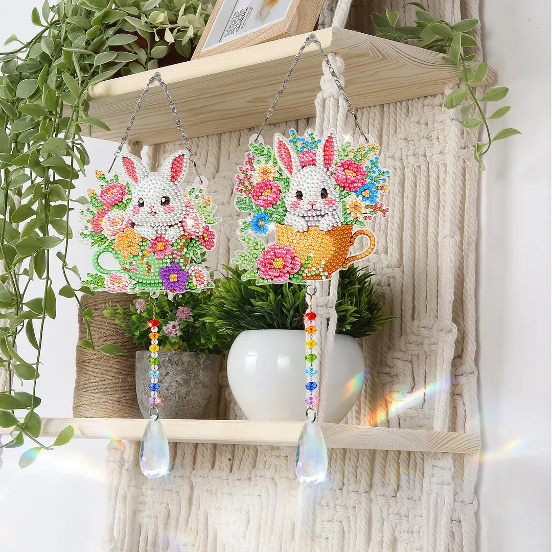 2Pcs Teacup Rabbit DIY Double-Sided Diamond Painting Hanging Kits Diamond Painting Suncatcher Craft Kit for Home Garden Wall Decor Gift