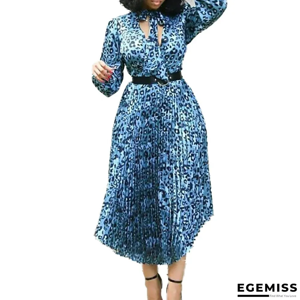 Long Sleeve Printed V-neck Pleated Dress | EGEMISS