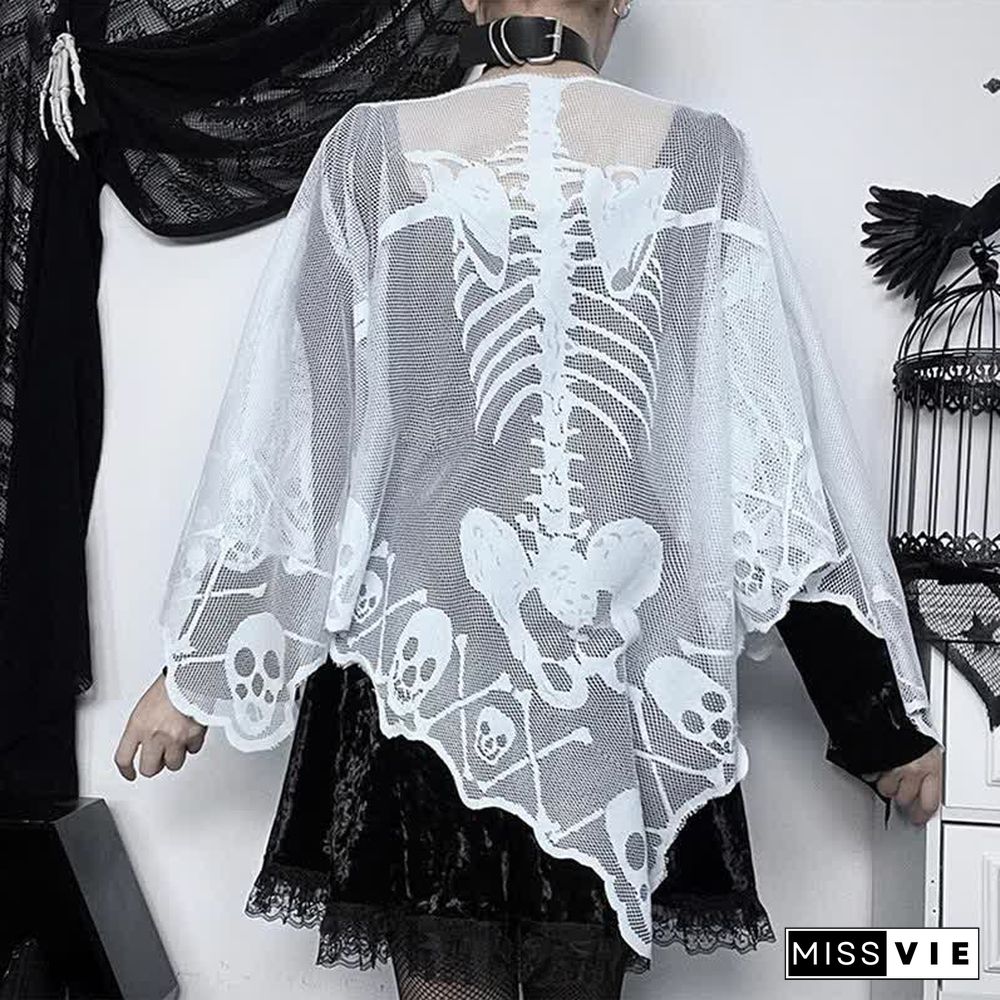 Halloween Gothic Skeleton Skull Print Lace Cloak