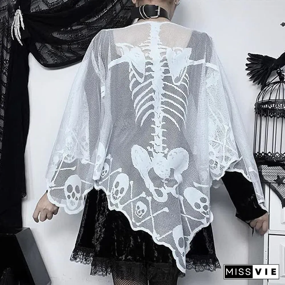 Halloween Gothic Skeleton Skull Print Lace Cloak