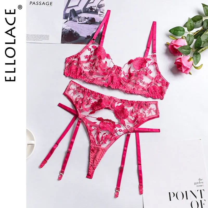 Ellolace Neon Floral Lingerie 3 Piece Set Transparent Underwear Women Push up Bra With Bone Erotic Lingerie Sensual Lingerie Set