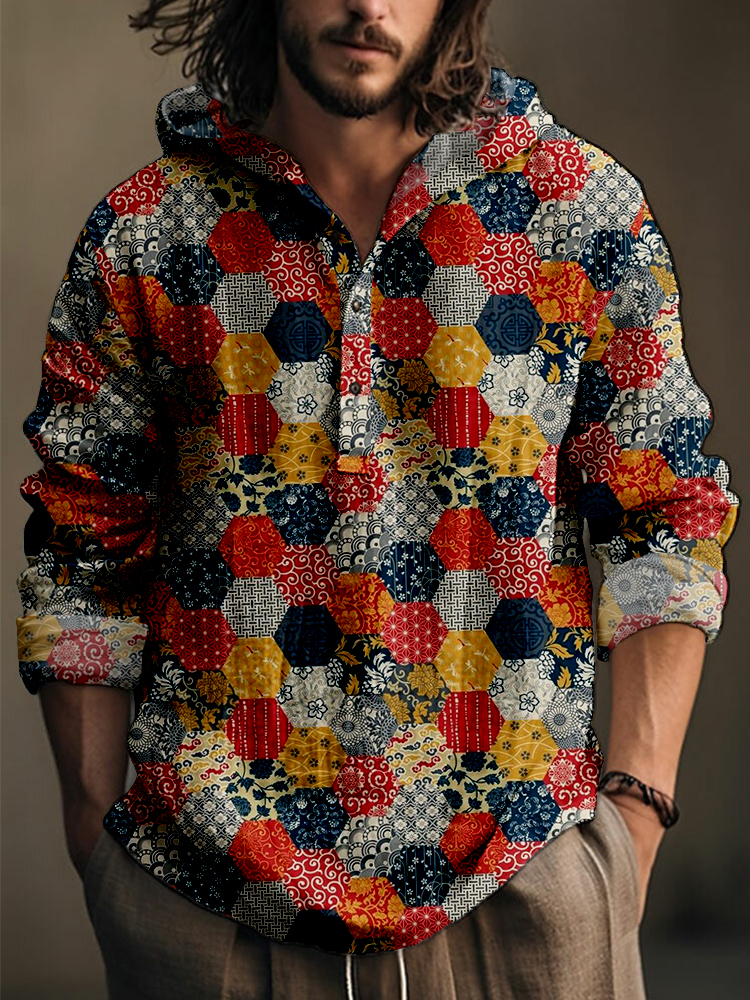 Traditional Japanese Patchwork Pattern Linen Blend Hooded Shirt  artssus