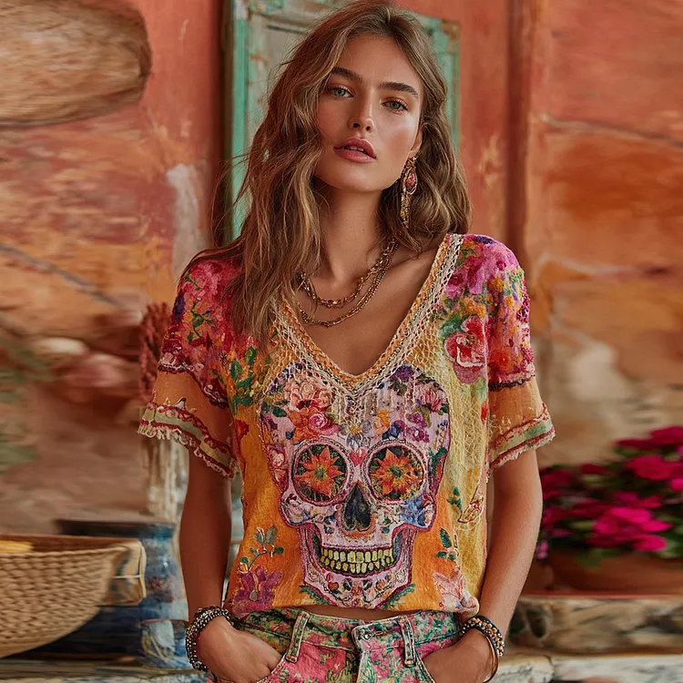 Women's Classic Mexican Sugar Skeleton Catrina Day Of The Dead Inspired Painting Embroidered Casual Linen  V Neck T-shirt