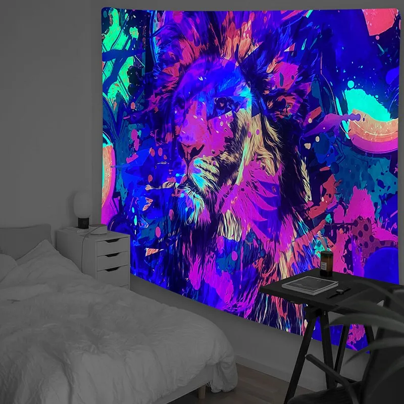 Fluorescent Tapestry Luminous Hanging Cloth Aesthetic Room Decor Home Psychedelic Background Wall Glows Under Ultraviolet Light