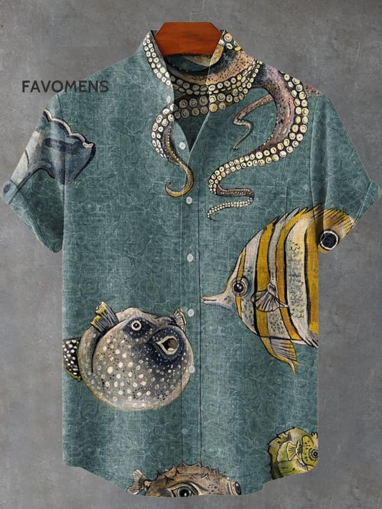 Bottom Fish And Octopus Vintage Print Casual 100% Cotton Shirt Multicolor / S