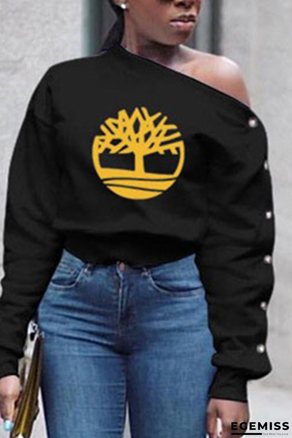 Black Chemical fiber blend One Shoulder Collar Long Sleeve Print | EGEMISS