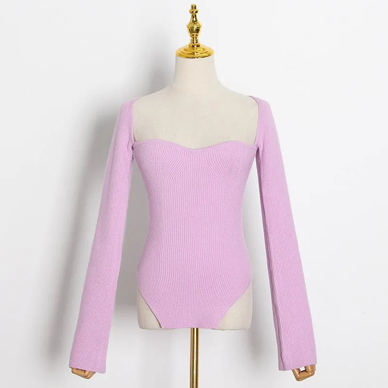 TWOTWINSTYLE White Side Split Knitted Women's Sweater Square Collar Long Sleeve Sweaters Female Autumn Fashion New Clothes 2020