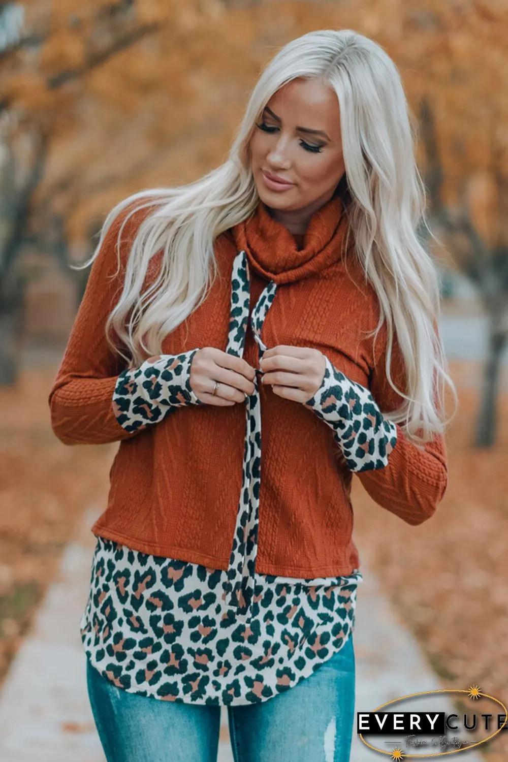 Leopard Patchwork Cowl Neck Knit Top