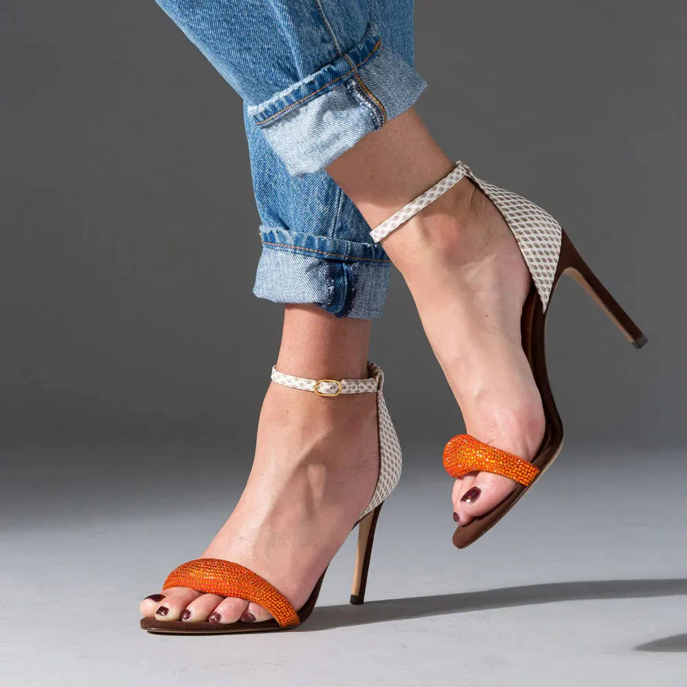 Orange & Brown Rhinestone Embossed Ankle Strap Summer Sandals