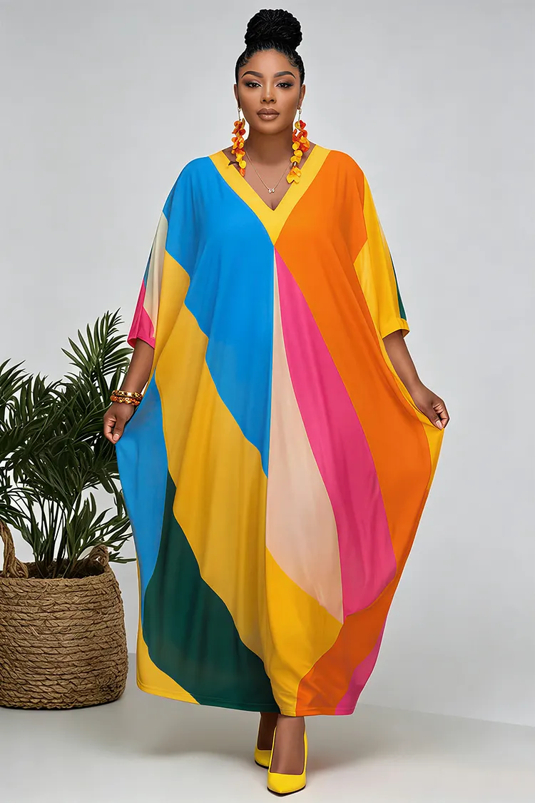Xpluswear Design Plus Size Vacation Multicolor Colorblock V Neck Half Sleeve Pocket Maxi Dresses [Pre-Order] 2024 - Xpluswear