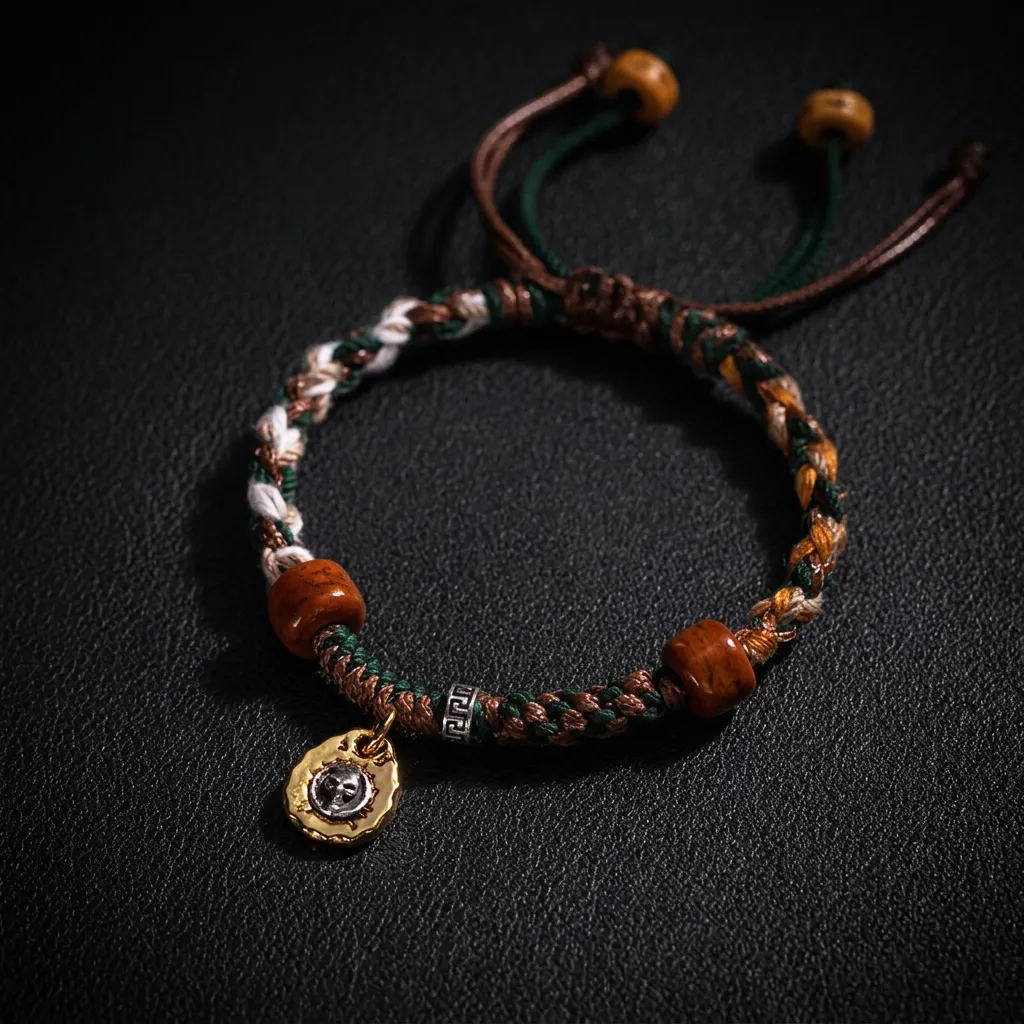 JiStones Artisan Hand-Woven Tibetan Mantra Bracelet - Adjustable Sacred Cord with Earthy Charms Sacred Earth Tones