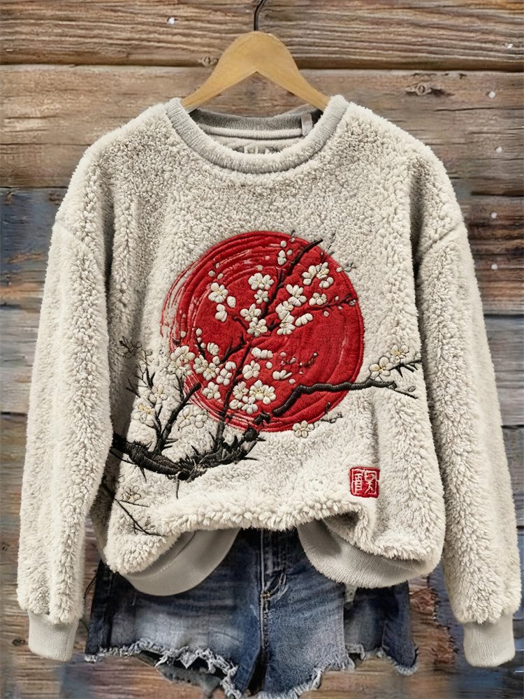 Japanese Cherry Blossom Sunrise Embroidered Cozy Plush Sweatshirt