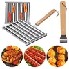 Hot Dog Roller with Wood Handle Stainless Steel Griller Grill Accessories (L)