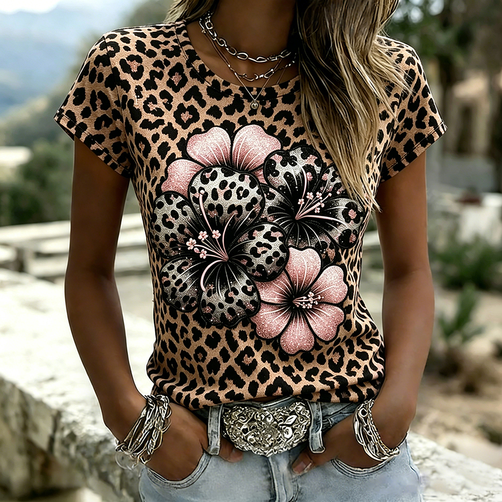 Comstylish Vintage Leopard Print Flowers Pattern Round Neck Washed T Shirt
