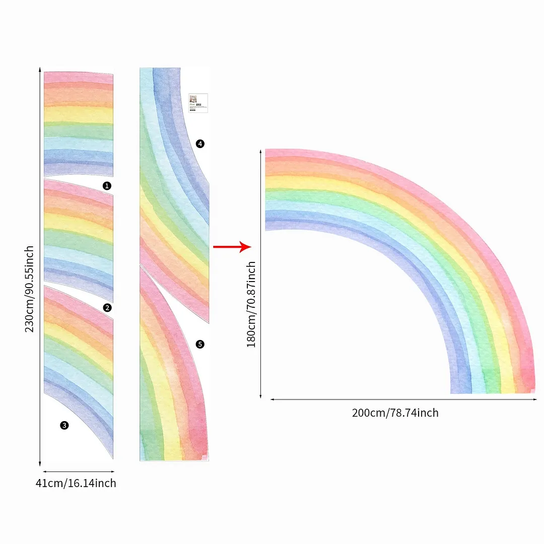 Large Watercolour Rainbow Wall Stickers for Kids Room Living Room Nursery Home Decor Colorful Rainbow Mural Self-adhesive Fabric