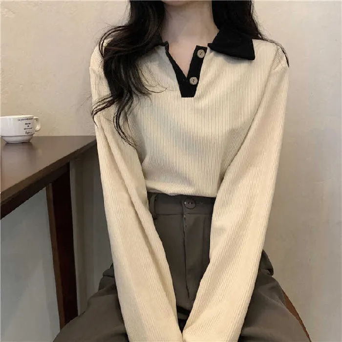 Brownm Brownm 2023 New Thin Lapel POLO Long-Sleeved T-Shirt Women's Versatile Show Thin Ins With Student Top Fashion