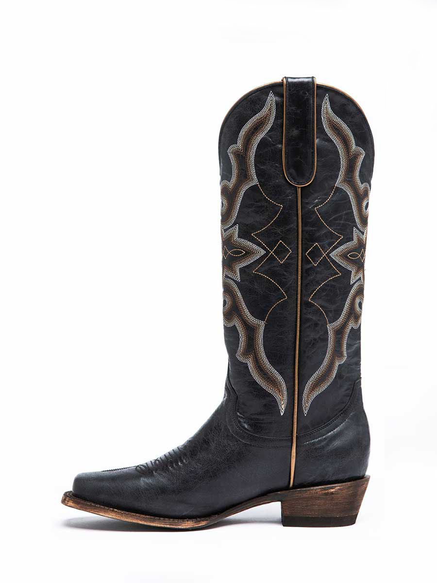 Black Square Toe Colorful Embroidered Knee-High Cowgirl Boots 