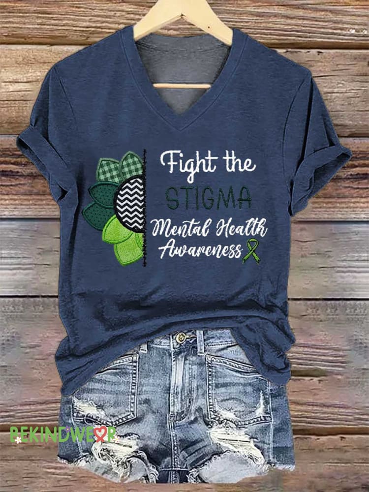 Women&rsquo;s Fight The STIGMA Mental Health Awareness V-neck Casual T-Shirt Blue / S