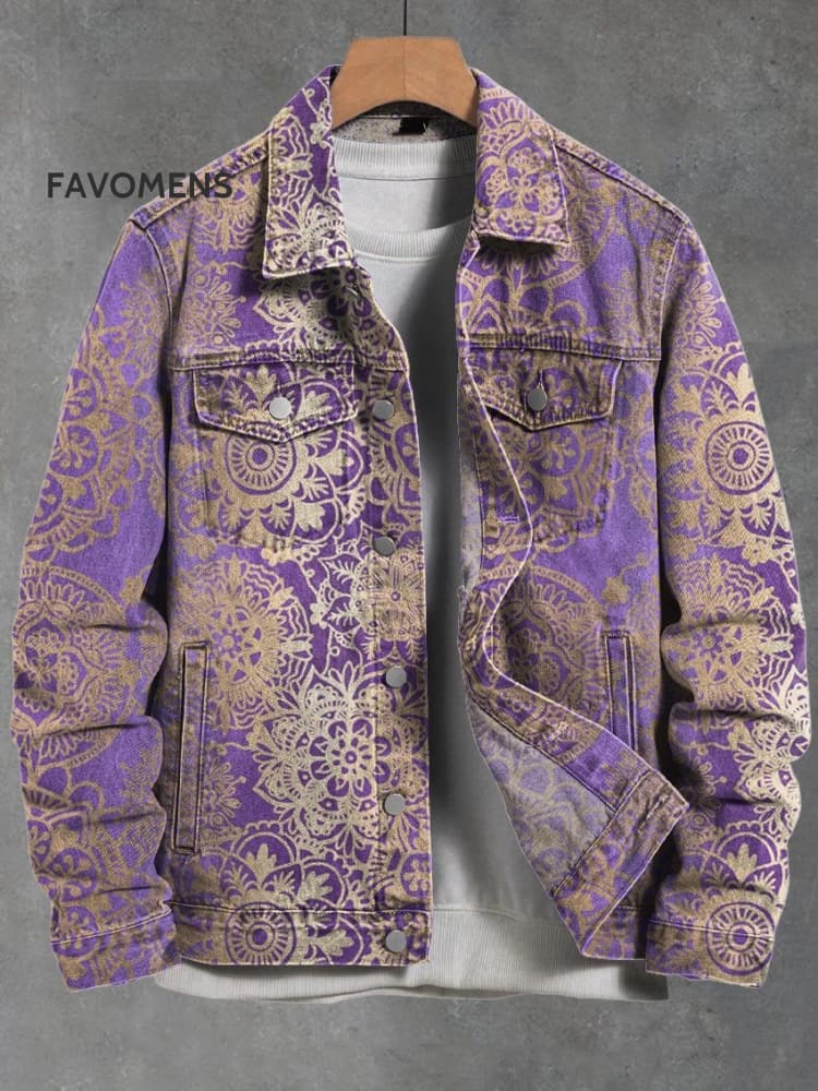 Light Purple Gradient Vintage Mandala Pattern Art Print Casual Denim Jacket Multicolor / S