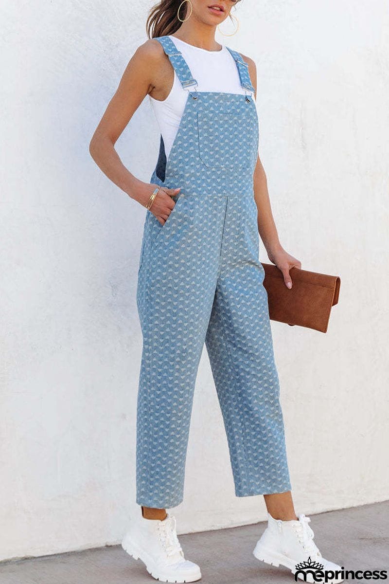 Casual Street Print Pocket Square Collar Sleeveless Loose Denim Jumpsuits