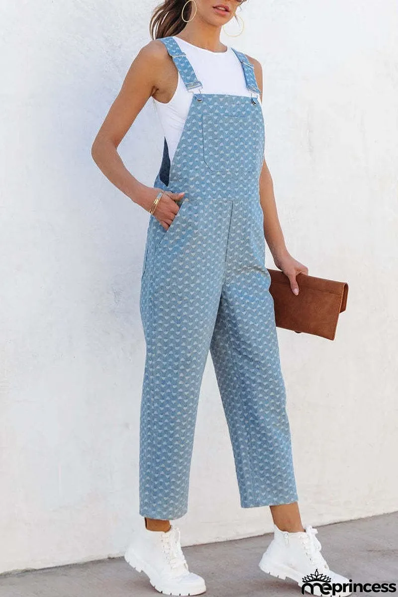 Casual Street Print Pocket Square Collar Sleeveless Loose Denim Jumpsuits