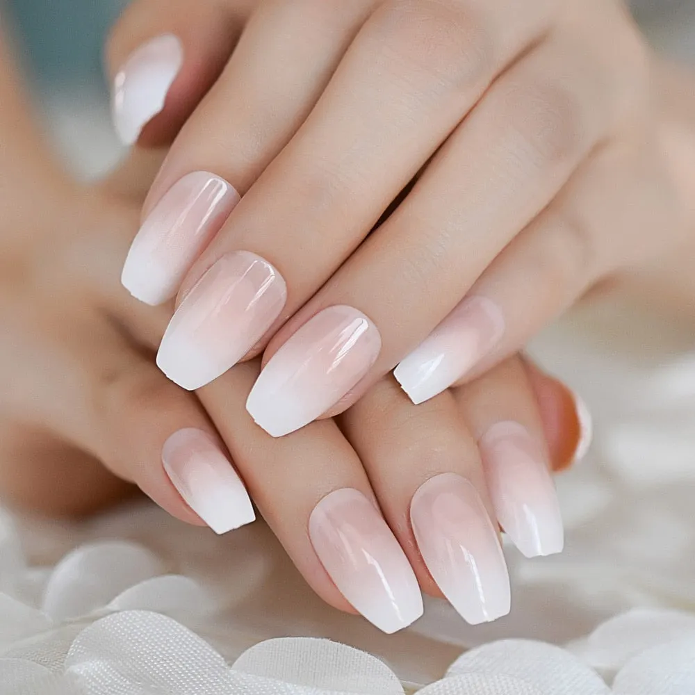 Pearl Shine Glossy Fake Nails Shimmer White Square Ombre French Nail Faux Ongles Gradient Medium Fingernails with Gluetabs-Nail Inspo