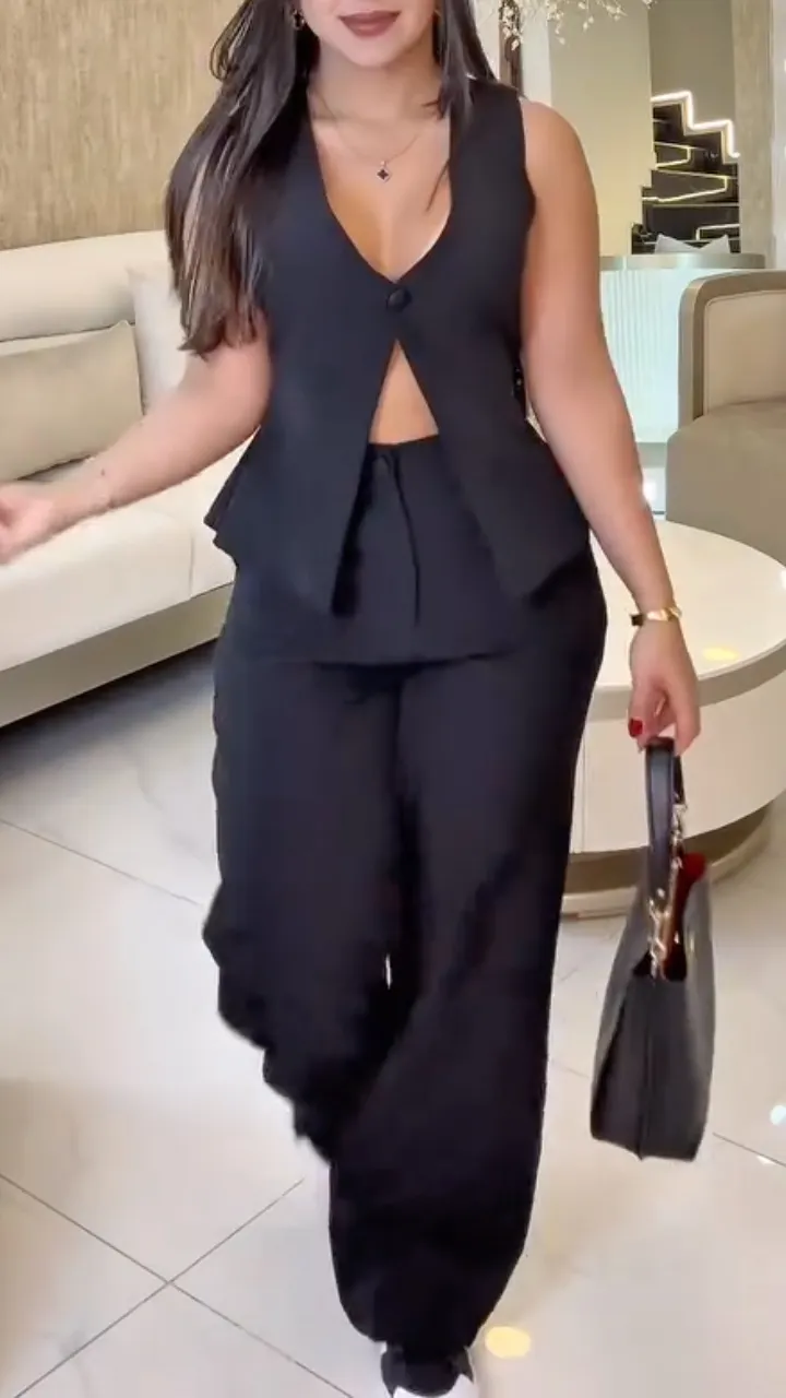V-Neck Hollow Out Sleeveless Vest & Wide-Leg Pants Set