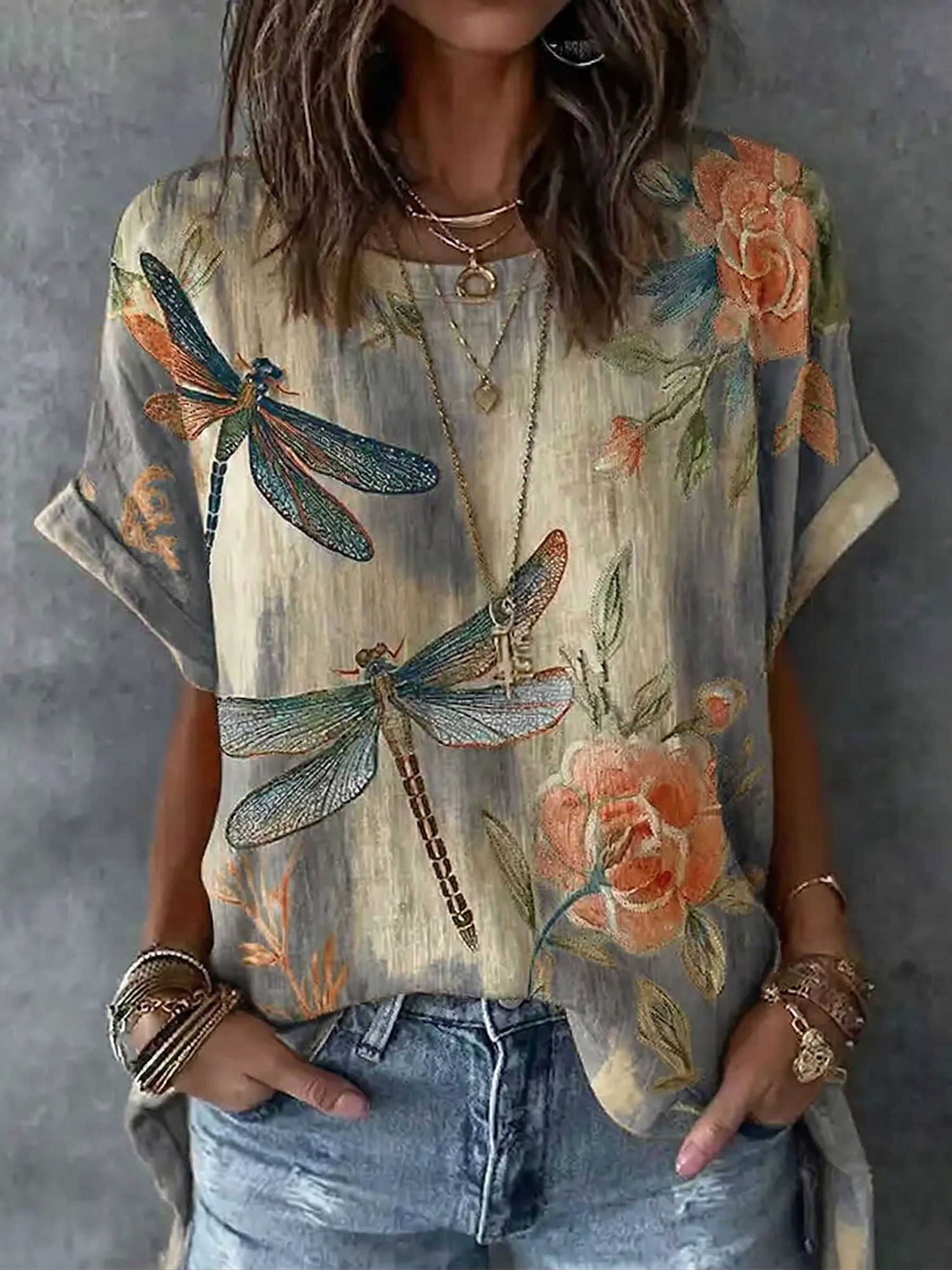 Vintage Dragonfly And  Floral Pattern Linen Blend Short Sleeve Tops elevenforest