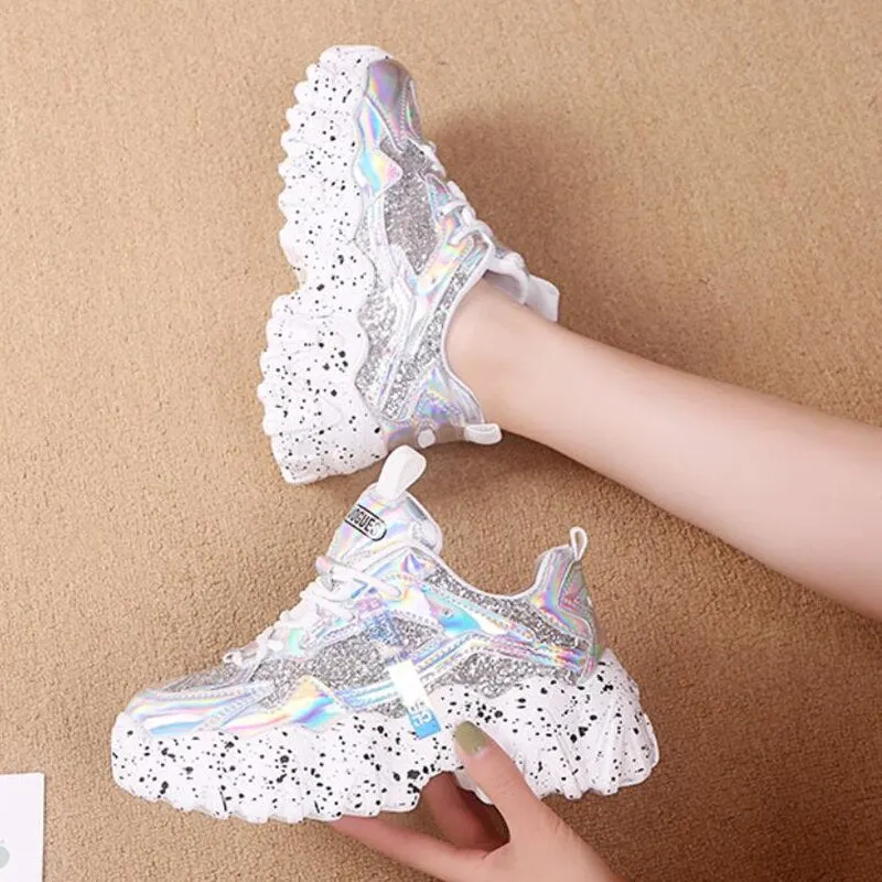Fashion Women Shoes Dad Chunky Sneakers Women Luxury Comfortable Glossy Thick Sole Ladies Platform Wave Bottom Trainers Female