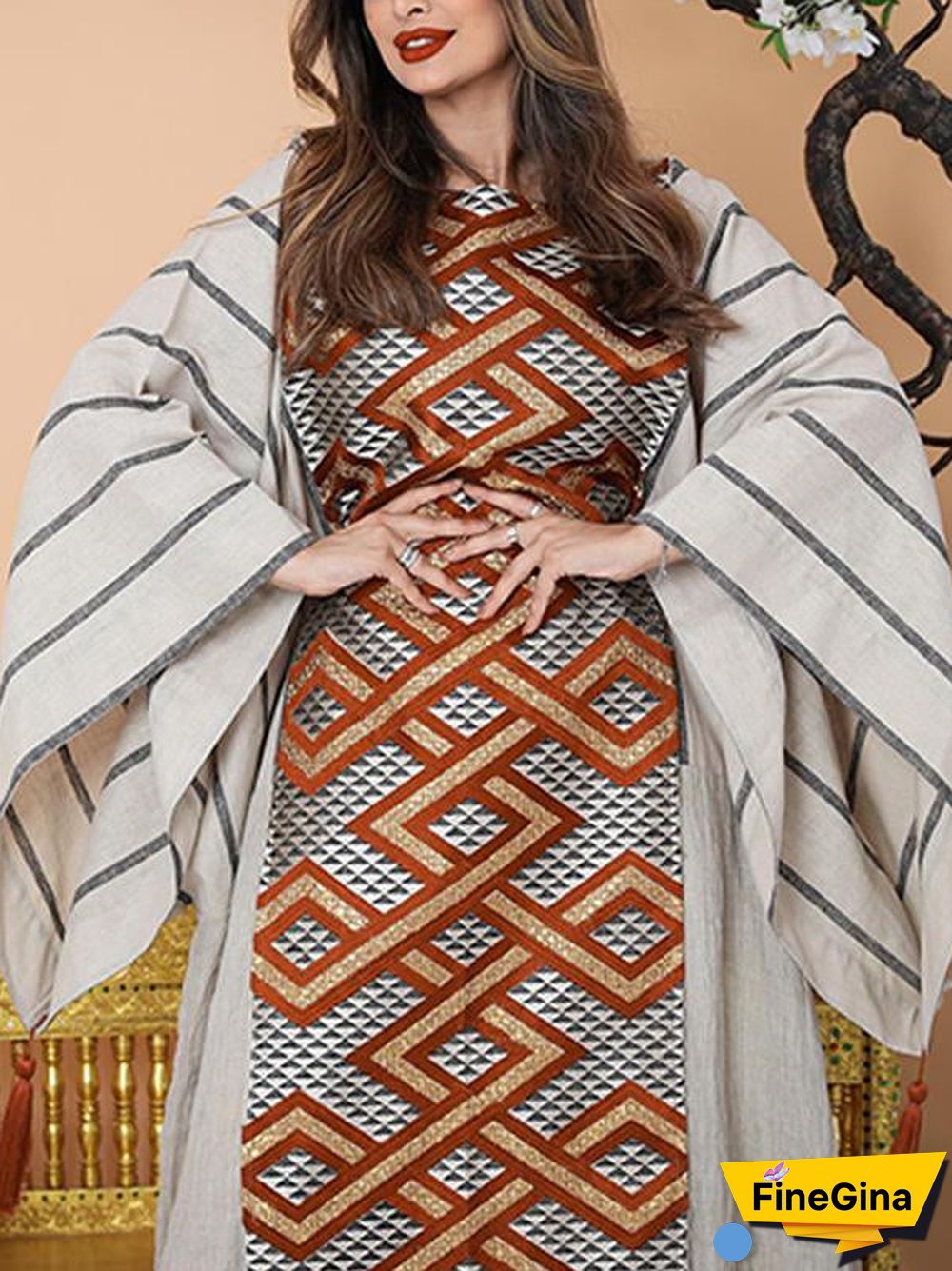 Pagoda Sleeve Striped Printed Maxi Dress