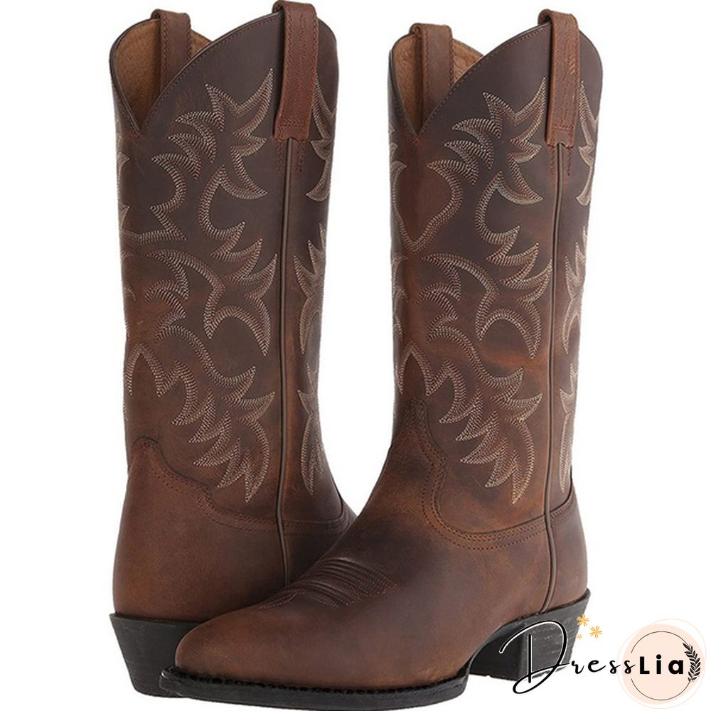 Mens Vintage Leather Mid Calf Boots Pointed Toe Western Cowboy Boots Man Retro Knee High Talll Boots Riding Boots Big Size 38-48 Botas