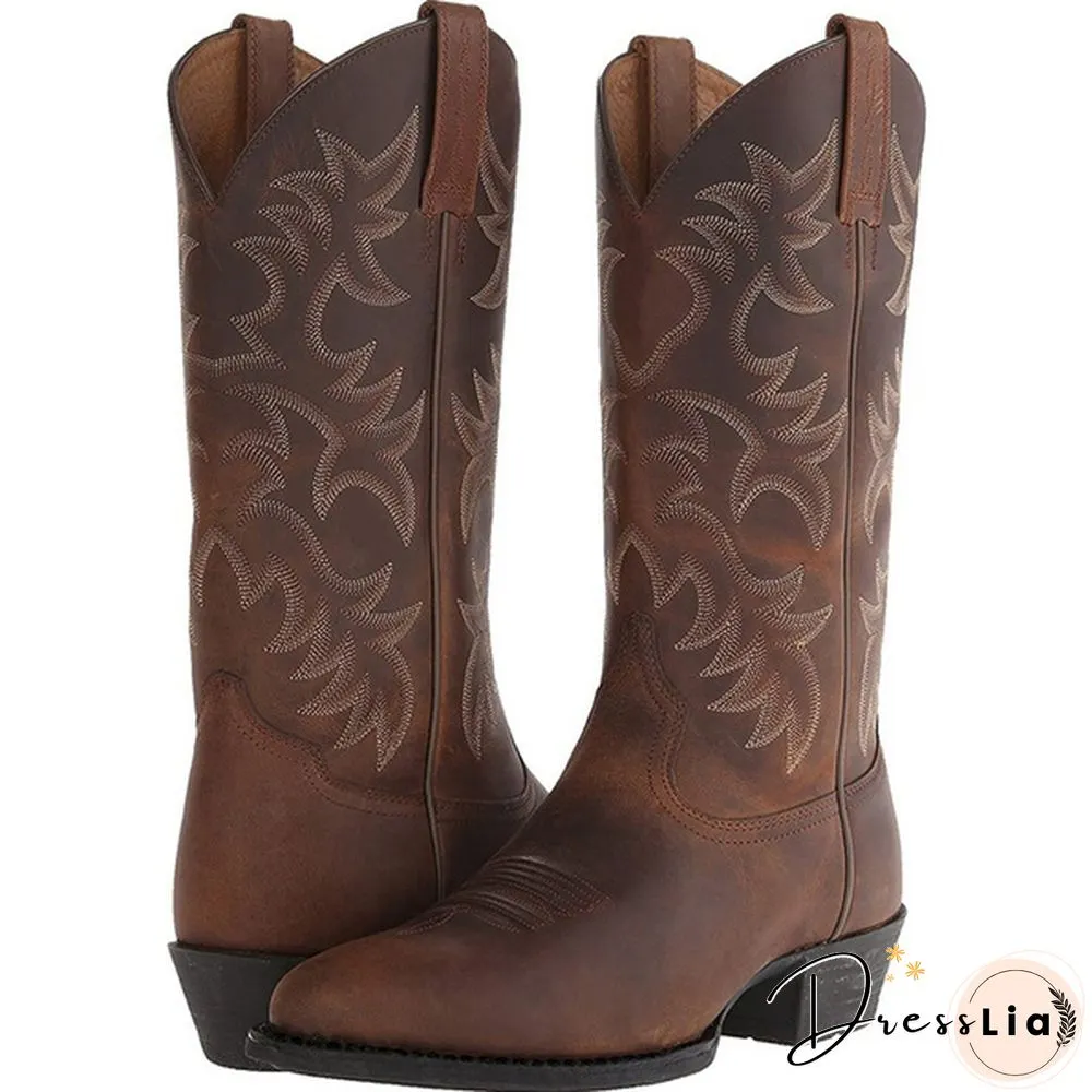 Mens Vintage Leather Mid Calf Boots Pointed Toe Western Cowboy Boots Man Retro Knee High Talll Boots Riding Boots Big Size 38-48 Botas