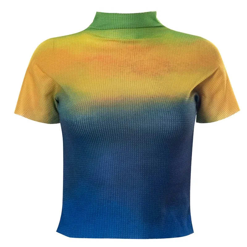 Hawthaw Women Fashion Summer Short Sleeve Gradient Turtleneck Slim Skinny Tops Tees T Shirt 2021 Female Clothing Streetwear