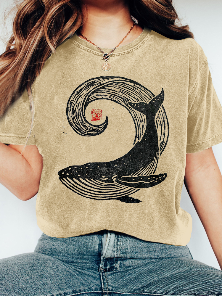 Humpback Whale Japanese Lino Art Vintage T SHirt elevenforest