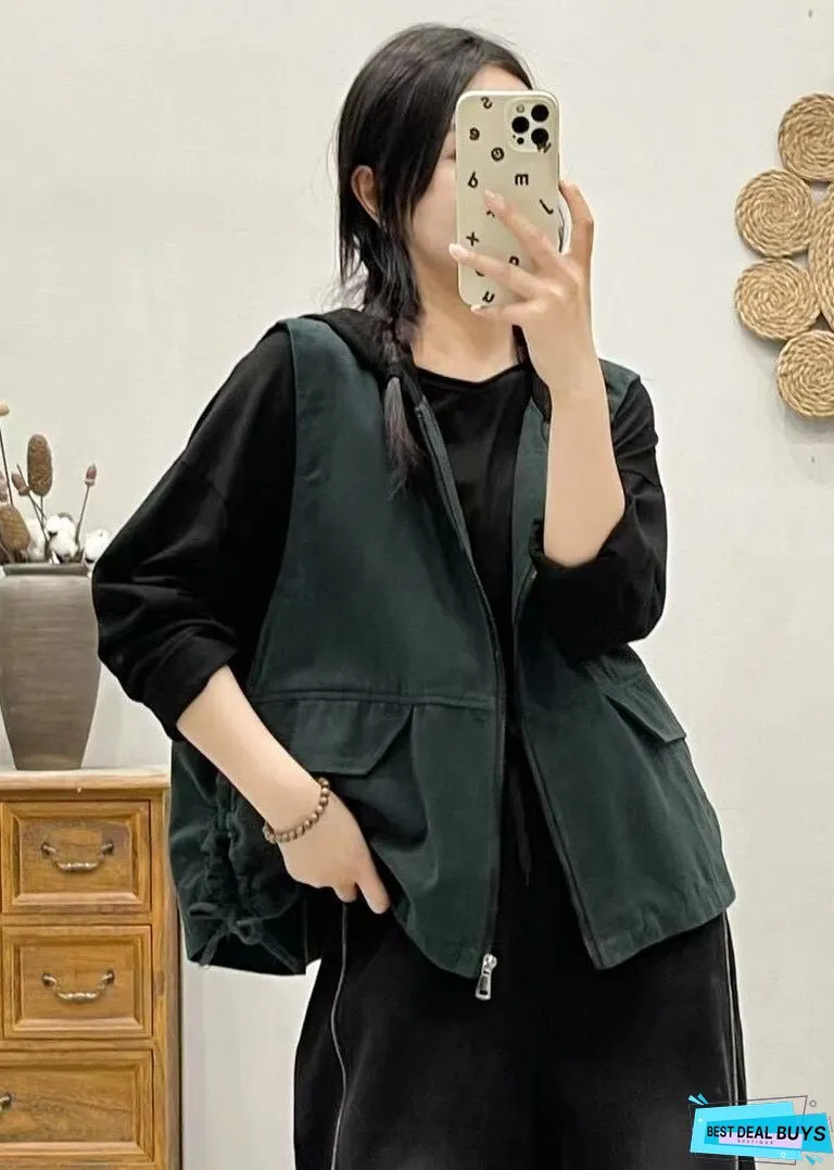 Women Khaki Hooded Zippered Patchwork Denim Vest Sleeveless