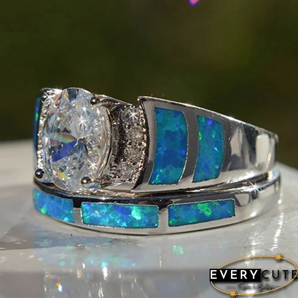 2Pcs/Set 925 Silver Rings For Women White Sapphire Blue Opal Jewelry Inlaid Fine Prong Wedding Ring Sz 5-10